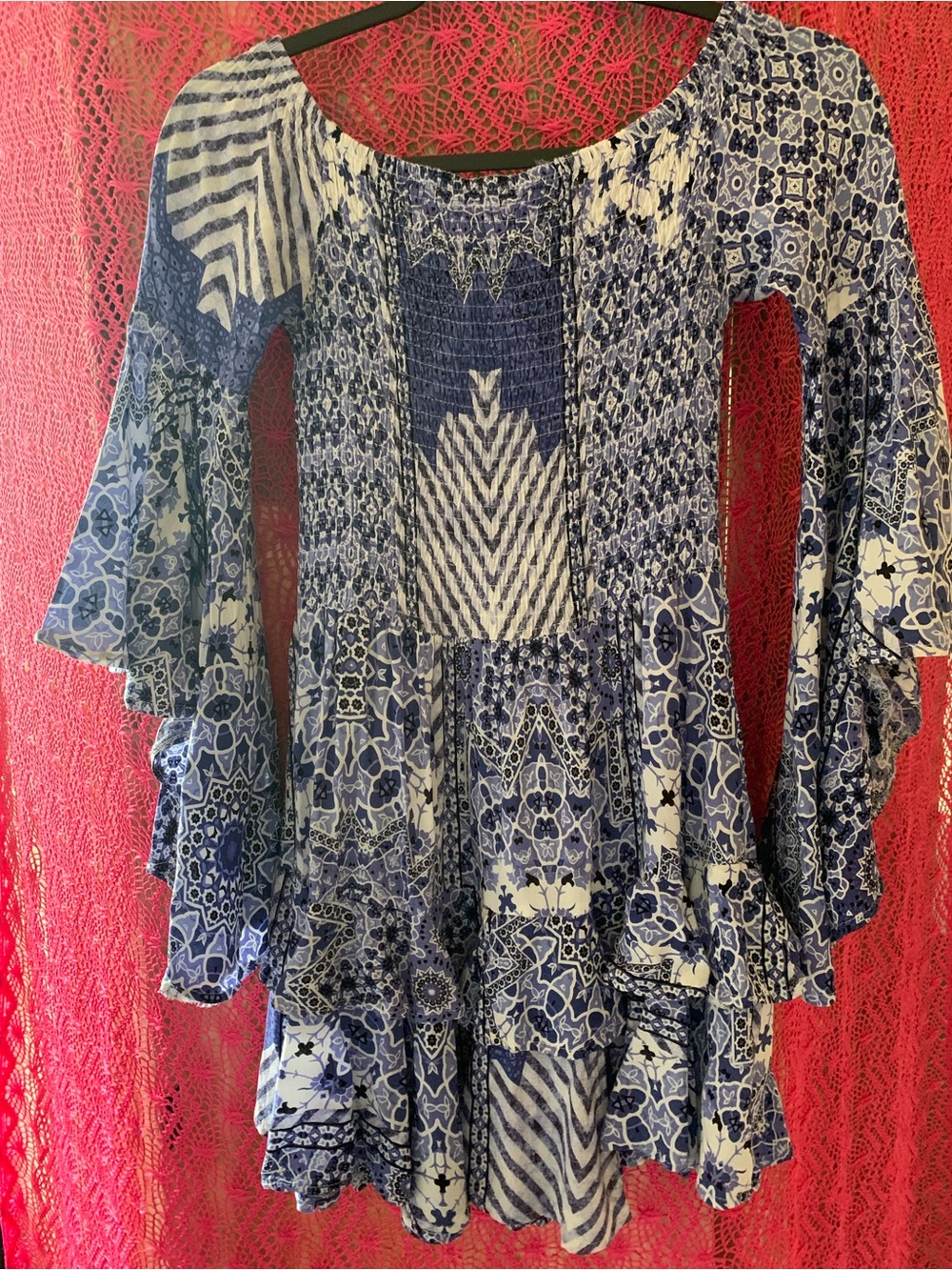 Women’s Blue Patterned Tiered Boho Dress with Bell Sleeves